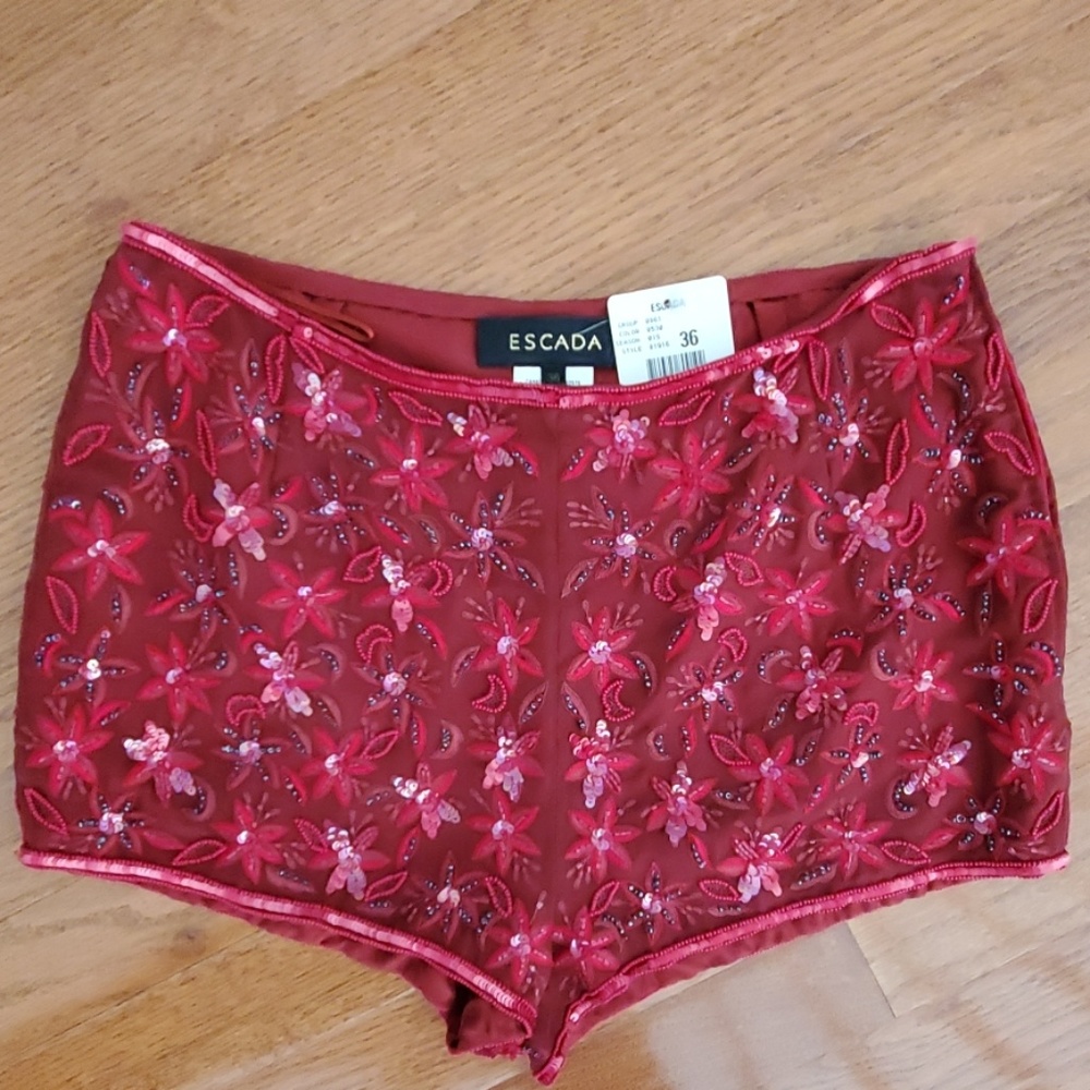 Escada SIlk Sequined Red Mini Shorts